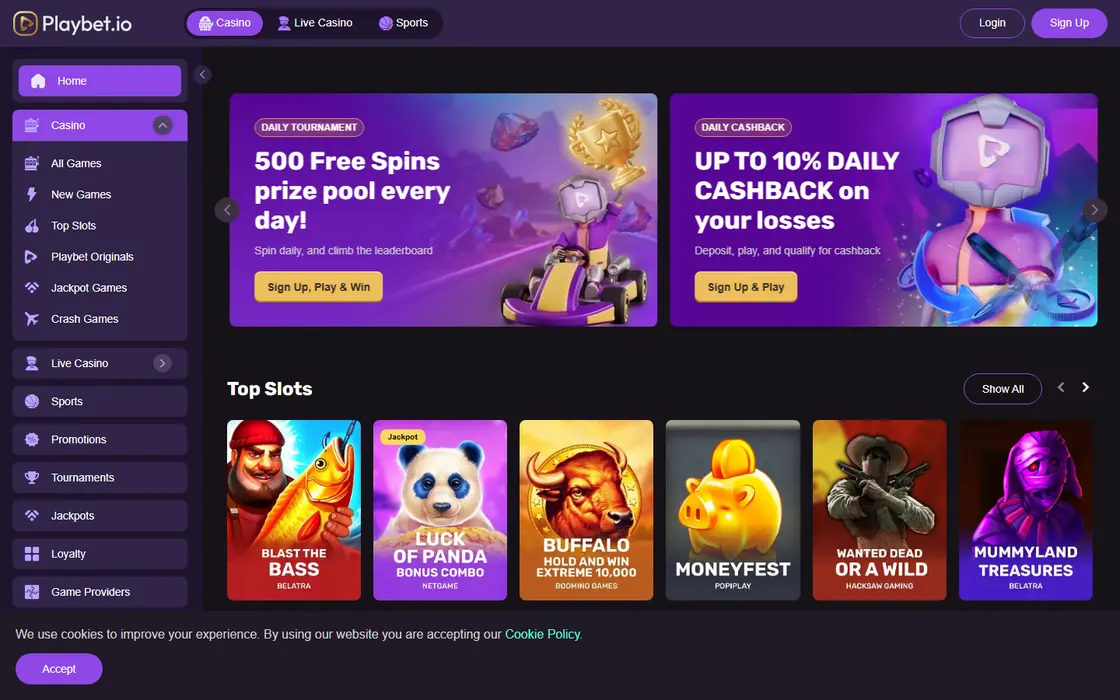 Startseite von Playbet.io