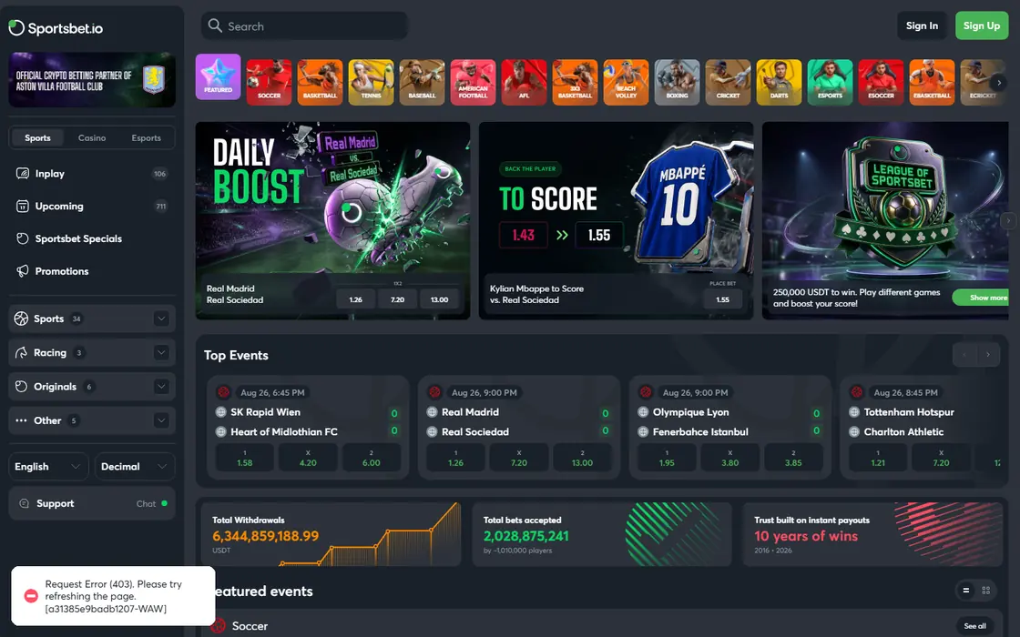 Startseite von Sportsbet.io